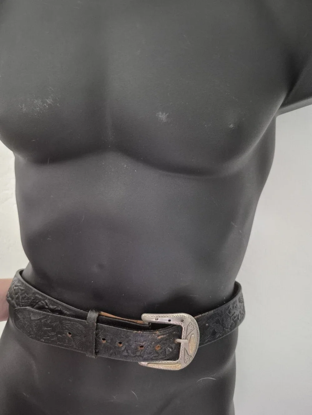 Vintage Black Leather Belt Embossed Eagle 38